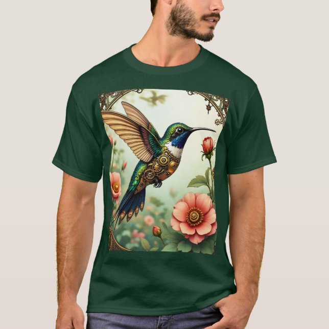 Fantasy Cute Steampunk Bird Flowers T-Shirt (Front)