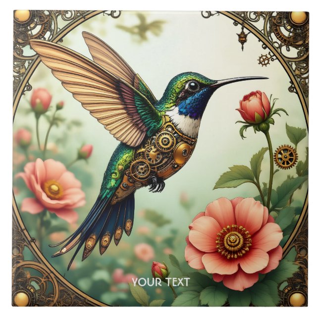 Fantasy Cute Steampunk Bird Flowers Tile (Front)