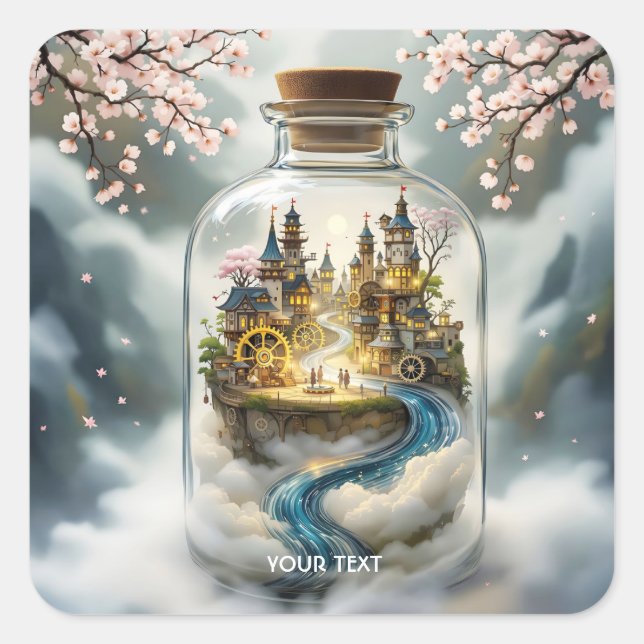 Fantasy Cute Steampunk Bottle City Square Sticker (Front)