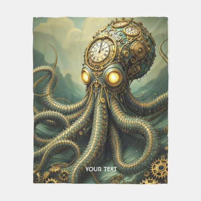 Fantasy Cute Steampunk Clock Kraken Fleece Blanket (Front)