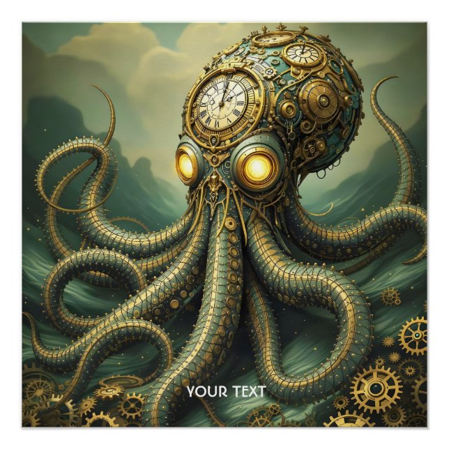 Fantasy Cute Steampunk Clock Kraken Poster (Front)