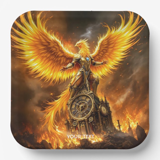 Fantasy Cute Steampunk Flames Phoenix Paper Plate (Front)