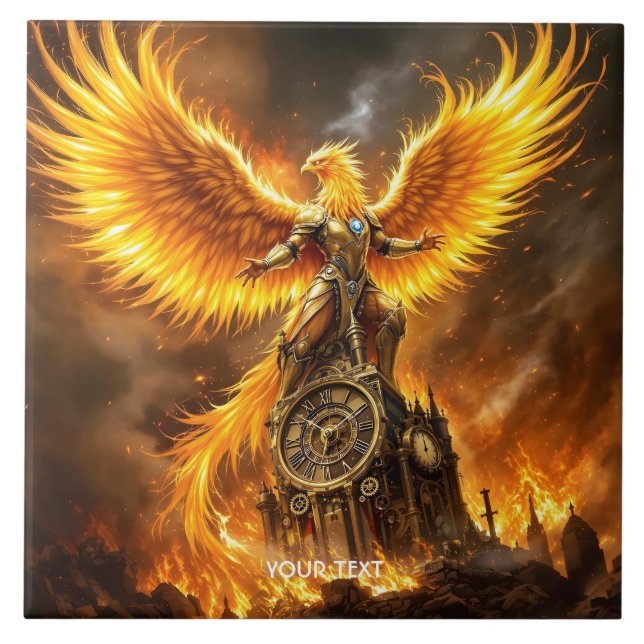 Fantasy Cute Steampunk Flames Phoenix Tile (Front)