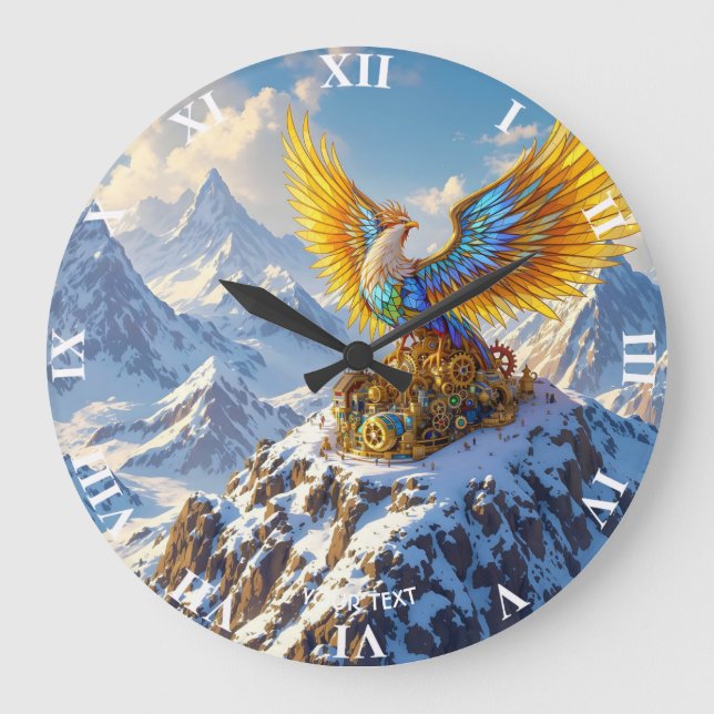 Fantasy Cute Steampunk Mountains Phoenix Large Clock (Front)