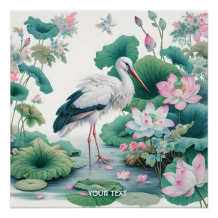 Fantasy Cute Stork Flowers Lake Poster