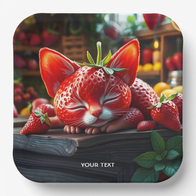 Fantasy Cute Strawberry Lovely Kitten Paper Plate (Front)