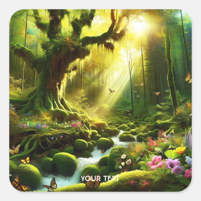 Fantasy Cute Sun Trees Forest  Square Sticker (Front)