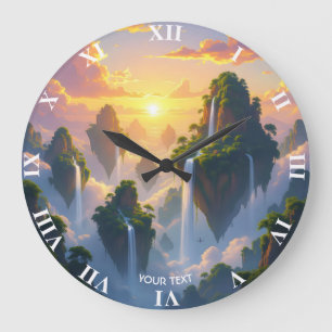 Fantasy Cute Sunset Islands Waterfalls Large Clock
