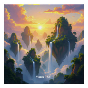 Fantasy Cute Sunset Islands Waterfalls Poster