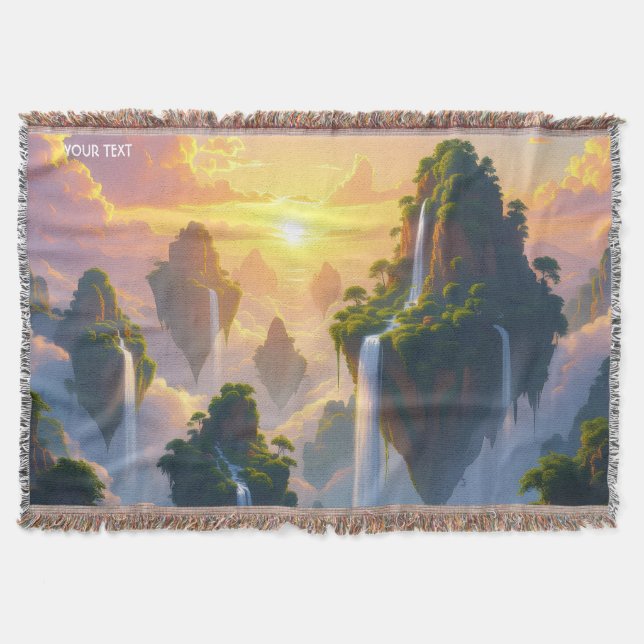 Fantasy Cute Sunset Islands Waterfalls Throw Blanket (Front)