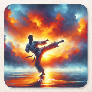 Fantasy Cute Sunset Karate Fighter Square Paper Coaster