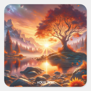 Fantasy Cute Sunset Orange Tree Square Sticker