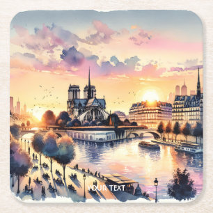 Fantasy Cute Sunset Paris Watercolor Square Paper Coaster