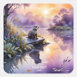 Fantasy Cute Sunset Purple Lake Square Sticker