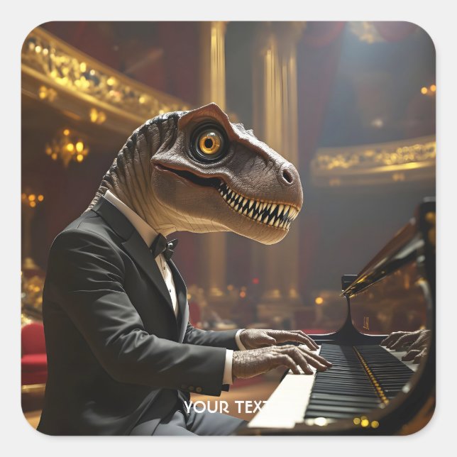 Fantasy Cute T-rex Playing Piano Square Sticker (Front)