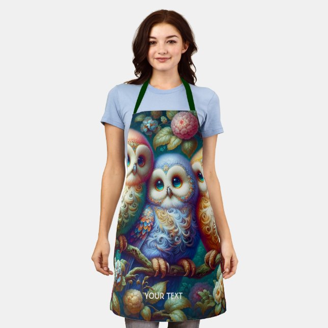 Fantasy Cute Three Baby Owls Apron (Worn)