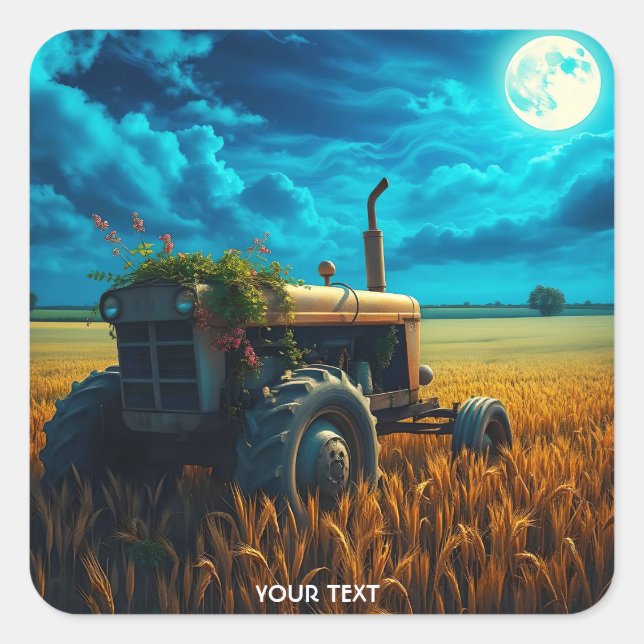 Fantasy Cute Tractor Moon Field Square Sticker (Front)