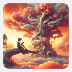 Fantasy Cute Tree Girl Book Square Sticker