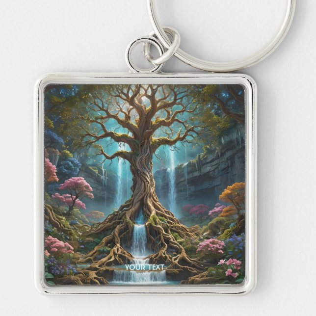 Fantasy Cute Tree Waterfall Forest Key Ring (Front)