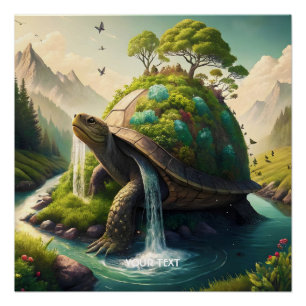 Fantasy Cute  Turtle Waterfall Forest Poster