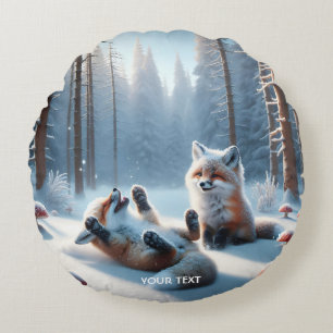 Fantasy Cute Two Baby Foxes Round Cushion