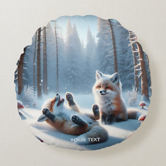 Fantasy Cute Two Baby Foxes Round Cushion (Front)