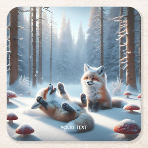 Fantasy Cute Two Baby Foxes Square Paper Coaster