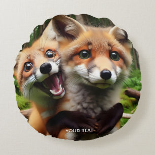 Fantasy Cute Two Foxes Forest Round Cushion