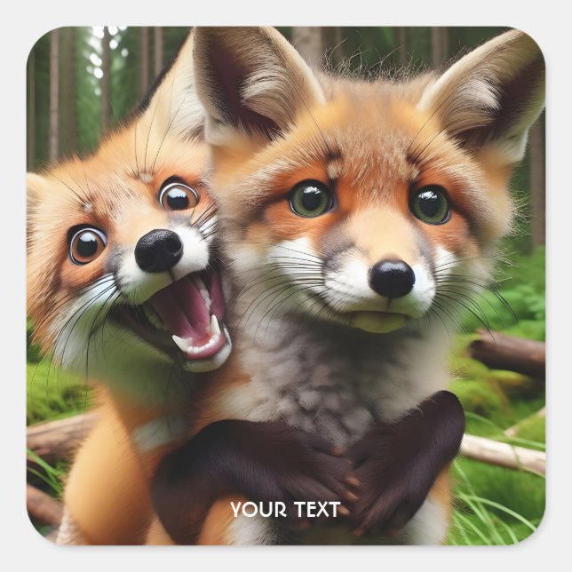 Fantasy Cute Two Foxes Forest  Square Sticker (Front)
