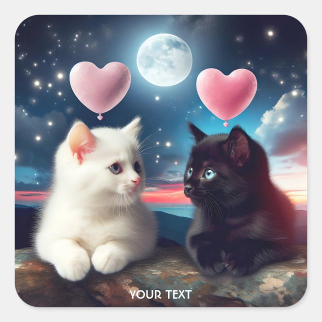 Fantasy Cute Two Kittens Hearts Square Sticker (Front)