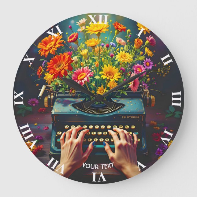 Fantasy Cute  Typewriter Flowers Hands Large Clock (Front)