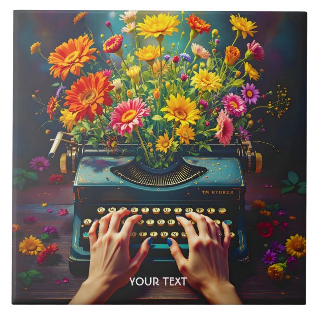Fantasy Cute  Typewriter Flowers Hands Tile (Front)