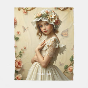 Fantasy Cute Victorian Girl Flowers Fleece Blanket