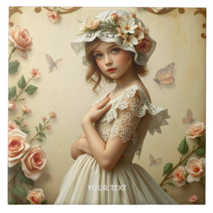 Fantasy Cute Victorian Girl Flowers Tile