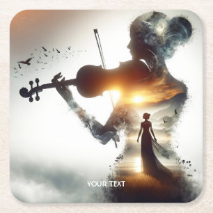 Fantasy Cute Violin Girl Sun Square Paper Coaster