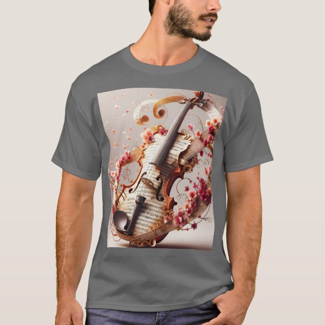 Fantasy Cute Violin Notes Flowers T-Shirt (Front)