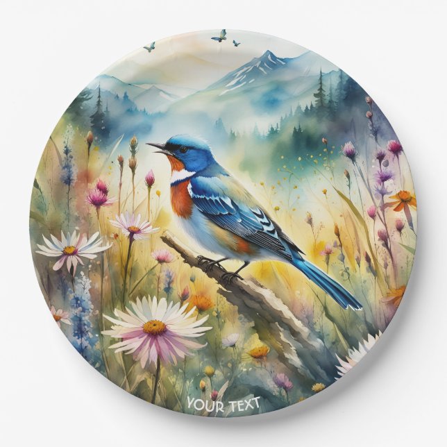 Fantasy Cute Vivid Bird Watercolor Landscape Paper Plate (Front)