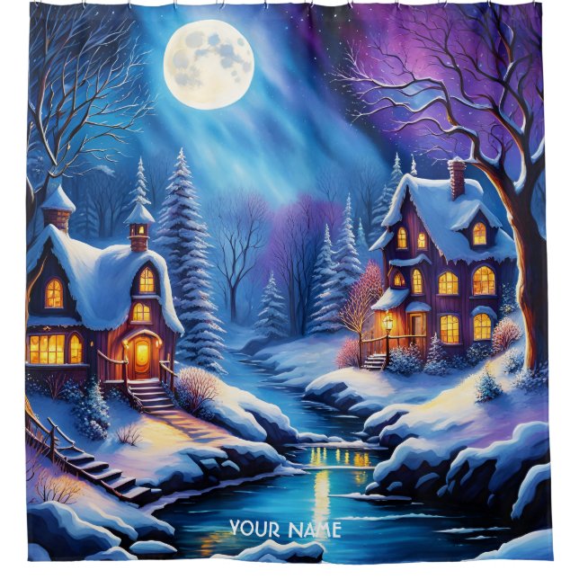 Fantasy Cute Vivid Christmas Winter Night Shower Curtain (Front)