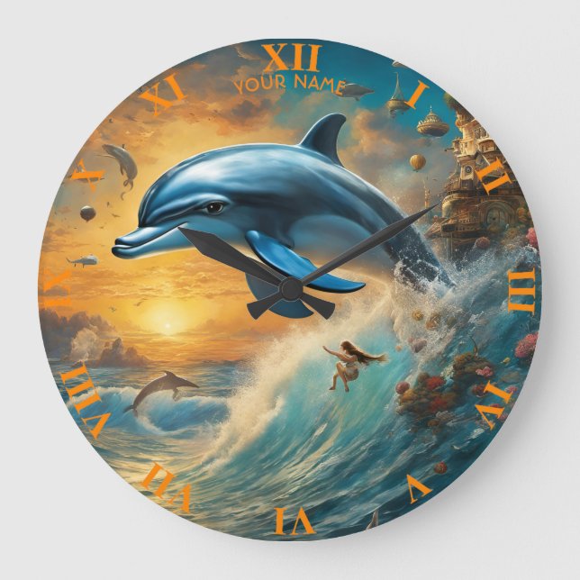 Fantasy Cute Vivid Flowers Jumping Dolphin Large Clock (Front)