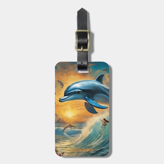 Fantasy Cute Vivid Flowers Jumping Dolphin Luggage Tag (Front Vertical)