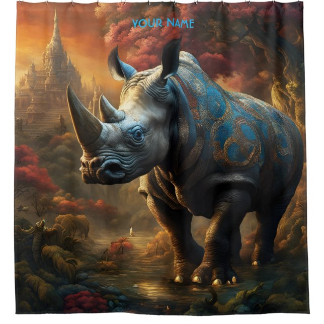 Fantasy Cute Vivid Flowers Majestic Rhino Shower Curtain (Front)