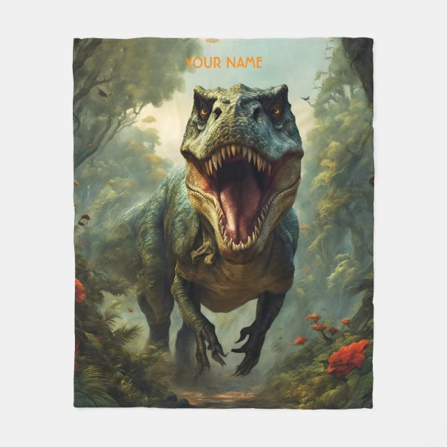Fantasy Cute Vivid Flowers Majestic T-Rex Fleece Blanket (Front)