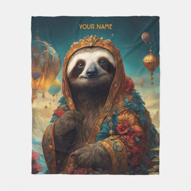 Fantasy Cute Vivid Flowers Royal Sloth Fleece Blanket (Front)
