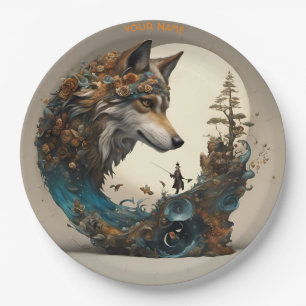 Fantasy Cute Vivid Flowers Wolf Wizard Paper Plate