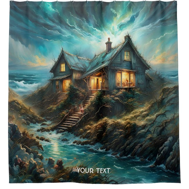 Fantasy Cute Vivid House Storm Ocean Shower Curtain (Front)