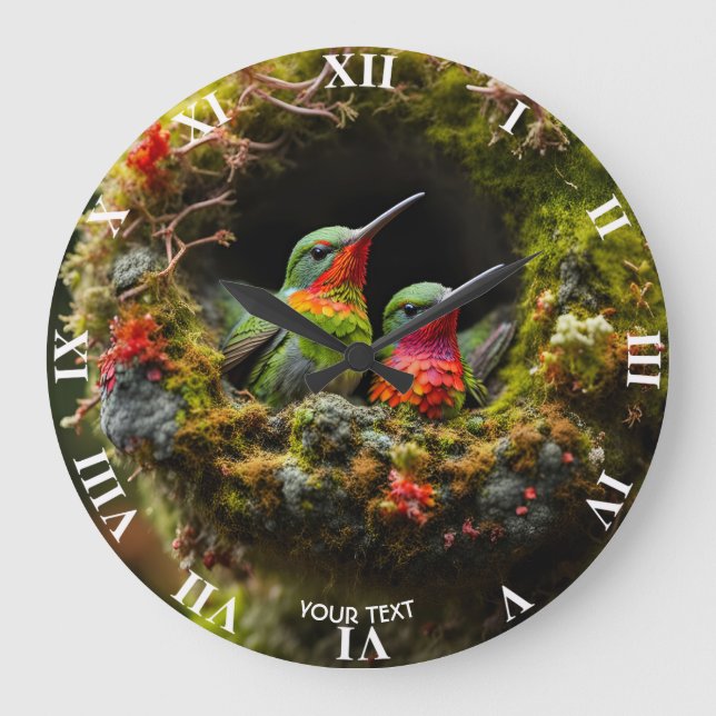 Fantasy Cute Vivid Hummingbird Nest Moss Large Clock (Front)