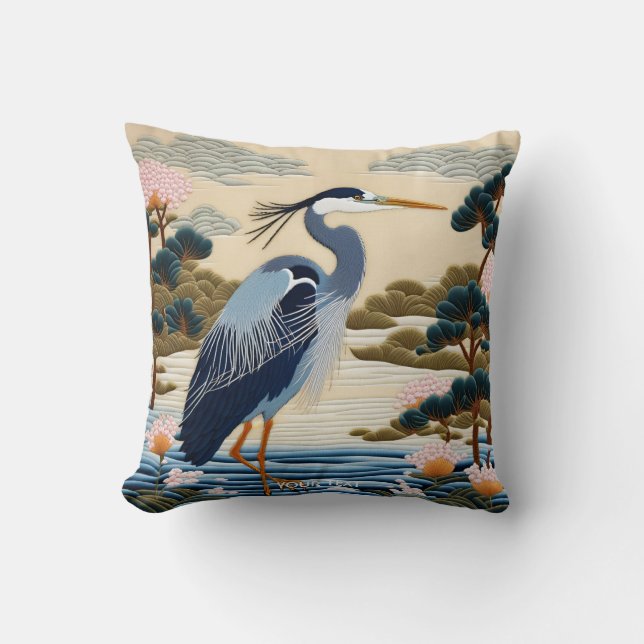 Fantasy Cute Vivid Japanese Heron Blue Cushion (Front)