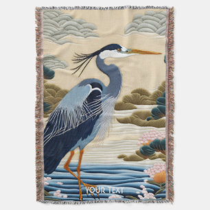 Fantasy Cute Vivid Japanese Heron Blue Throw Blanket