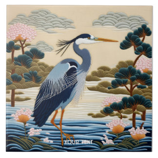 Fantasy Cute Vivid Japanese Heron Blue Tile