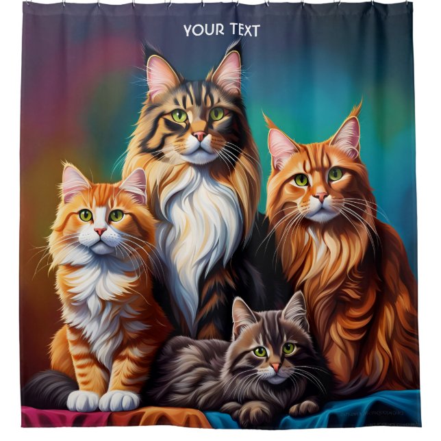 Fantasy Cute Vivid Maine Coon Family Shower Curtain (Front)